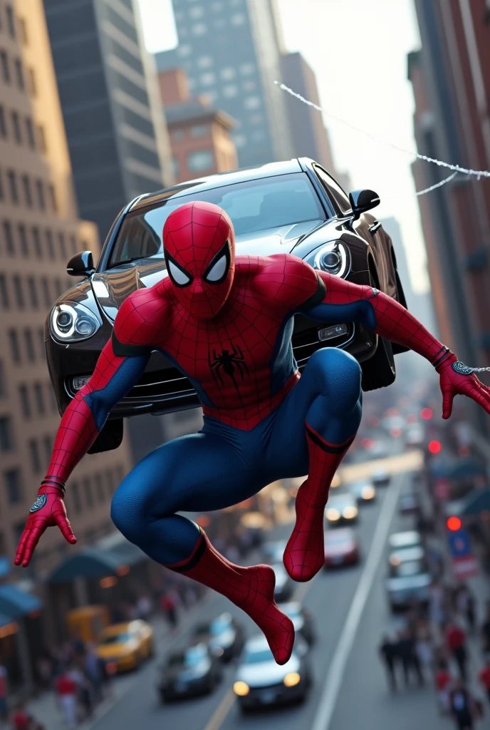 Spiderman swings in a car