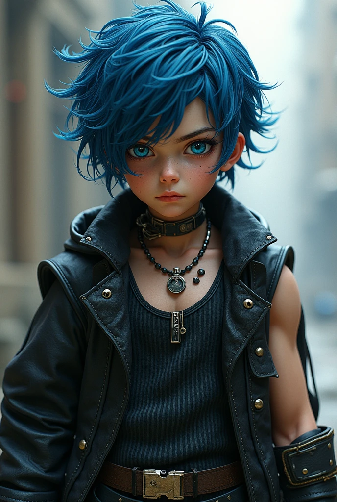 un jeune garcon beau de visage ses cheveux bleue, tout aussi bouclés et indisciplinés, tombent en cascade sur son front, accentuant le mystère de son regard sombres et rebelles qui encadrent un visage aux traits acérés. Ses yeux bleue, d'une intensité pénétrante, semblent scruter un horizon invisible, porteurs d'une détermination farouche. Son corps athlétique laissant paraitre des cablages et circuits integrés cybernetique sur sa poitrine se devine sous un long manteau noir texturé, évoquant l'armure d'un guerrier des temps modernes. , Son torse musclé est moulé dans un gilet sans manches côtelé, révélant des bras puissants ornés de gants en cuir complexes.