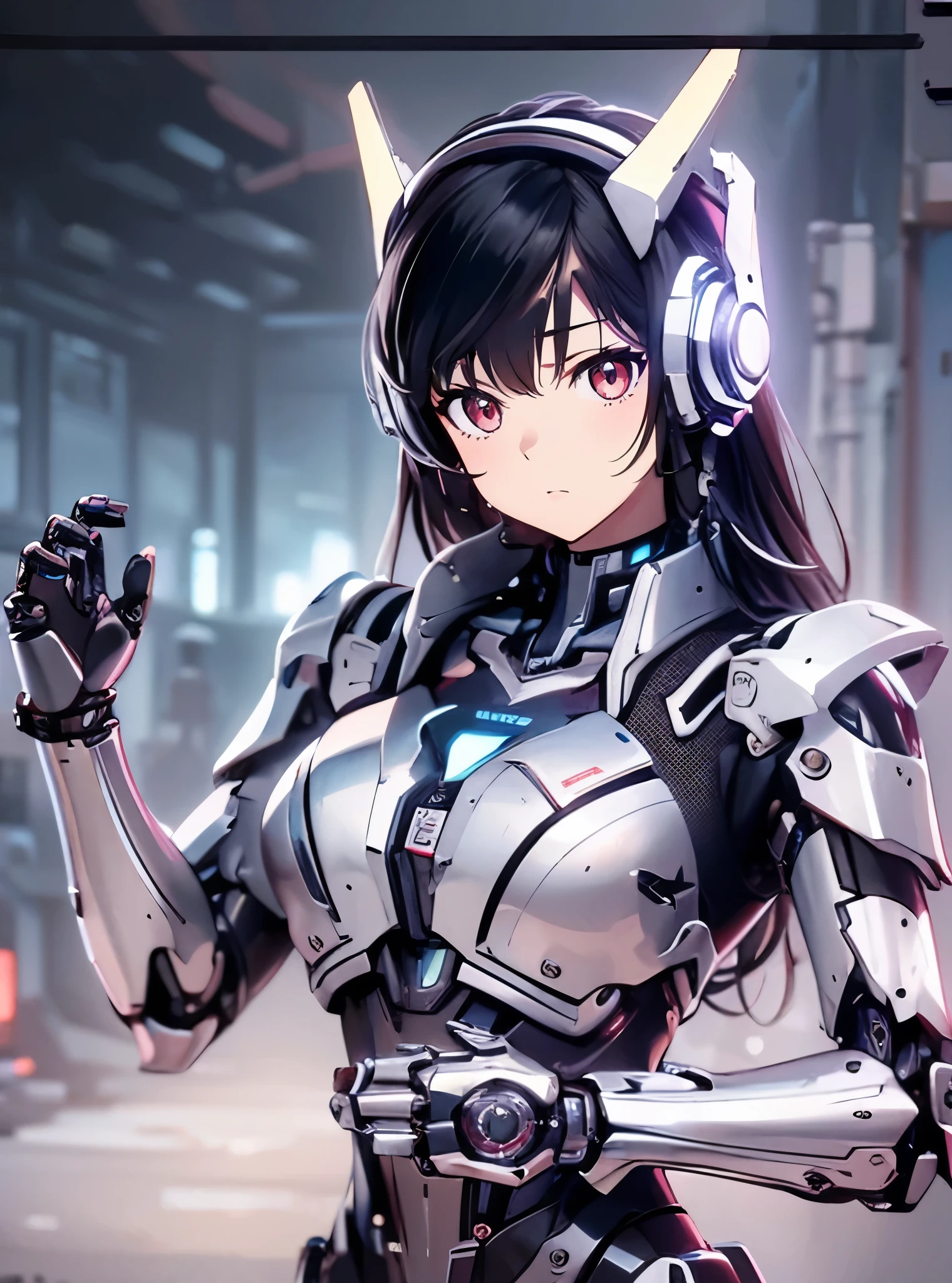 Machine eyes glowing red、Expressionless