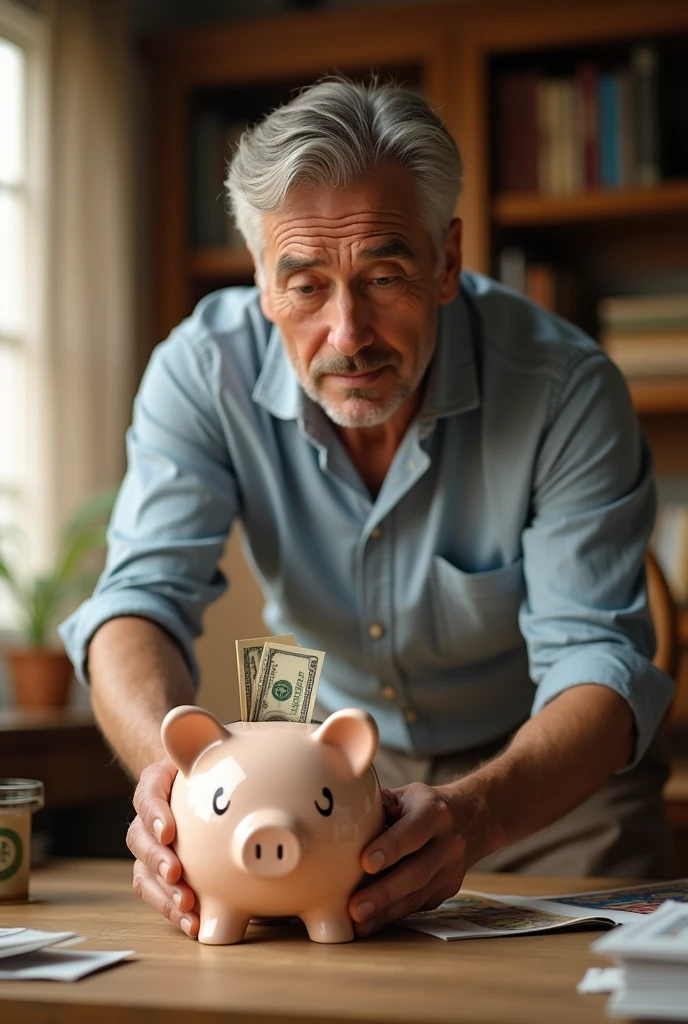 Man putting money into piggy bank