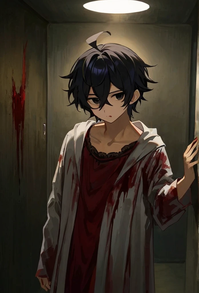 1 chico, black hair, black eyes,, dark room, blood around, scary costume, wicked
