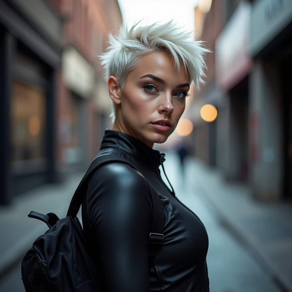 A striking urban portrait of Chevette, a rebellious and edgy young woman in her early twenties. She has short, spiky hair dyed in an unconventional platinum blonde, with the sharp strands catching the city’s dim light. Her slim, athletic build speaks to her role as a bike messenger, her posture exuding agility and endurance. Dressed in practical cycling gear, including a sleek courier bag slung across her shoulder, her attire is durable and functional, blending seamlessly with the gritty urban backdrop. Her sharp, defined facial features are accentuated by an intense, determined gaze, her expressive eyes revealing the inner strength and resilience she carries in this fast-paced city life.