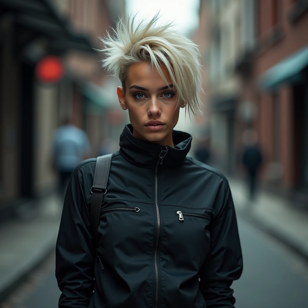 A striking urban portrait of Chevette, a rebellious and edgy young woman in her early twenties. She has short, spiky hair dyed in an unconventional platinum blonde, with the sharp strands catching the city’s dim light. Her slim, athletic build speaks to her role as a bike messenger, her posture exuding agility and endurance. Dressed in practical cycling gear, including a sleek courier bag slung across her shoulder, her attire is durable and functional, blending seamlessly with the gritty urban backdrop. Her sharp, defined facial features are accentuated by an intense, determined gaze, her expressive eyes revealing the inner strength and resilience she carries in this fast-paced city life.
