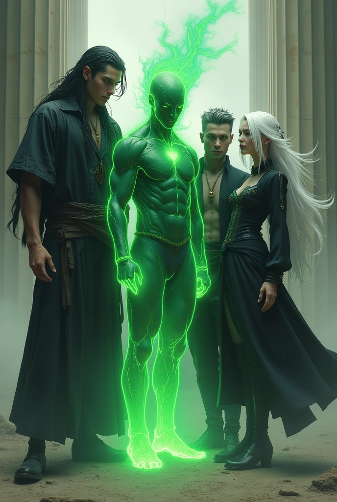 Create a group of people,there is a tall man with long samurai-style hair and dark clothes , a man with medium length hair of white color and white color, a green humanoid man with green fire, a woman with white hair and black clothes, 