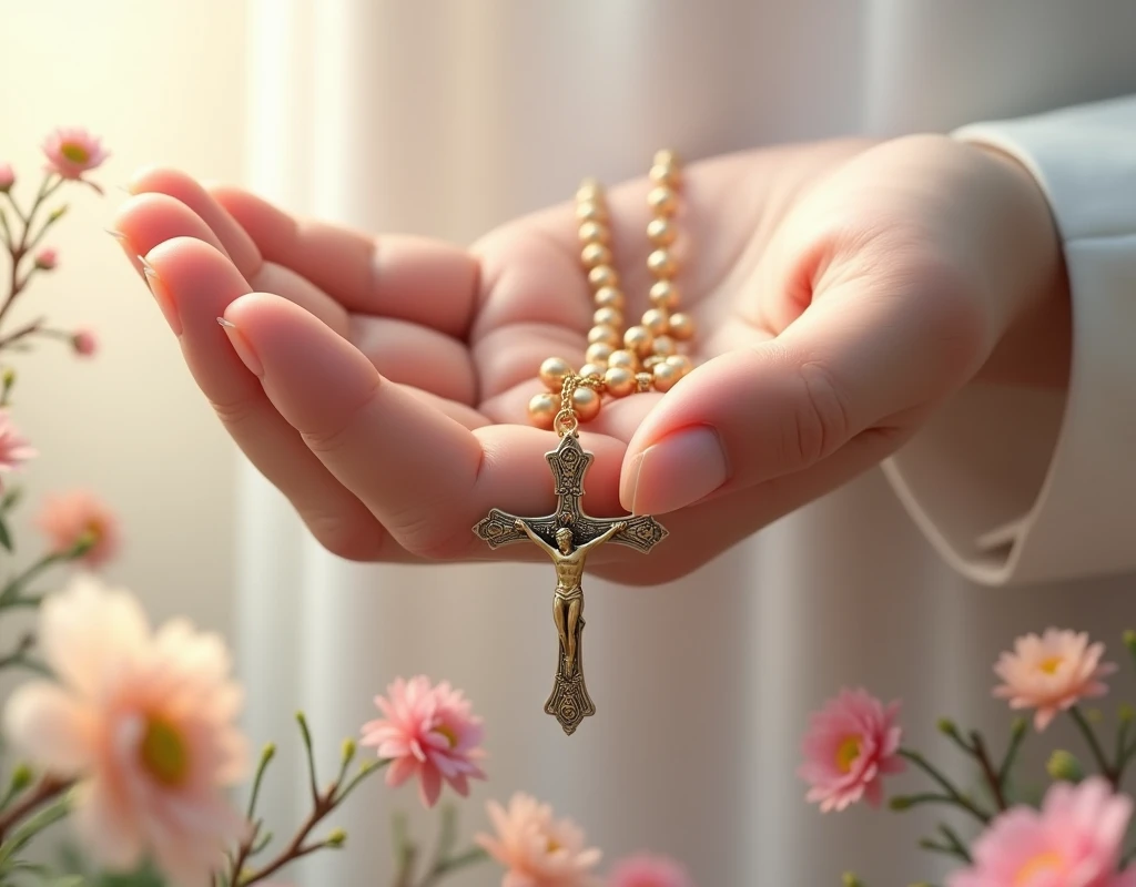 Hand with a rosary of the cross and flowers 