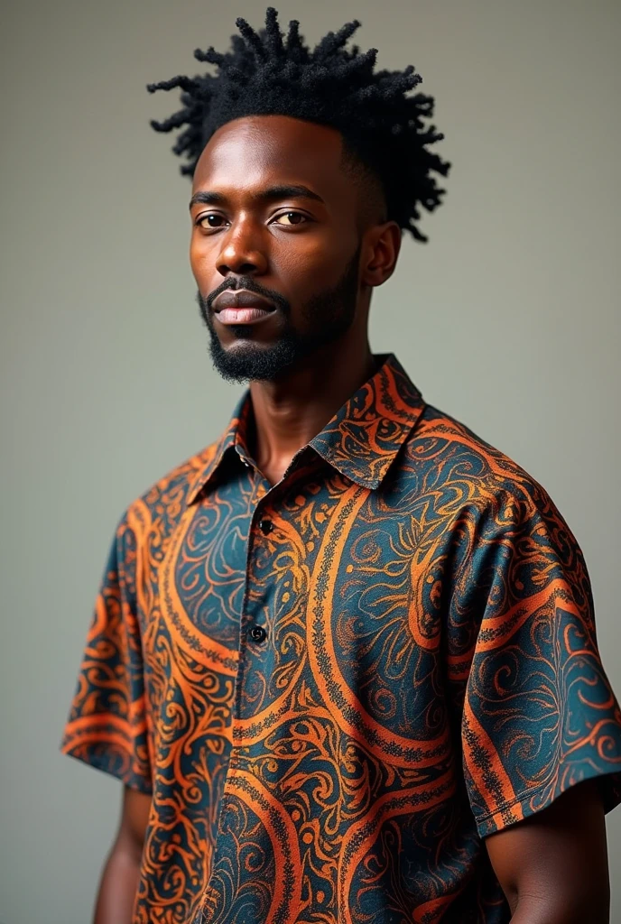 black man wearing full body batik shirt