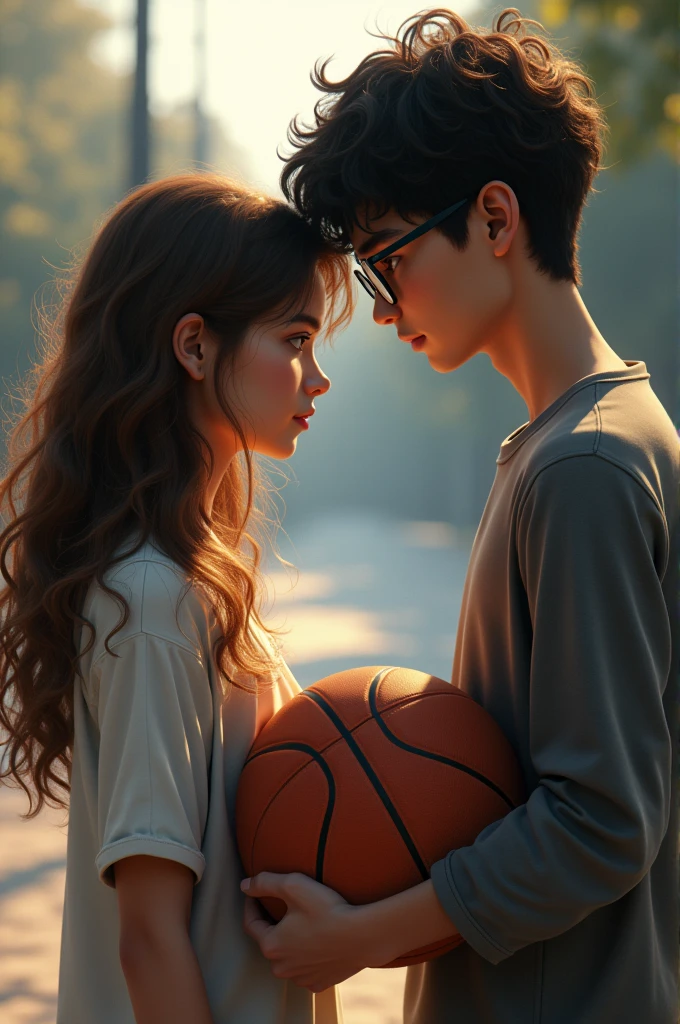 21-year-old girl with brown hair, long wavy, light skin and brown eyes
23-year-old boy with medium curly black hair,black eyes, white skin and wears glasses
The girl is facing away from the boy and he is looking at her with a basketball in his hand.
