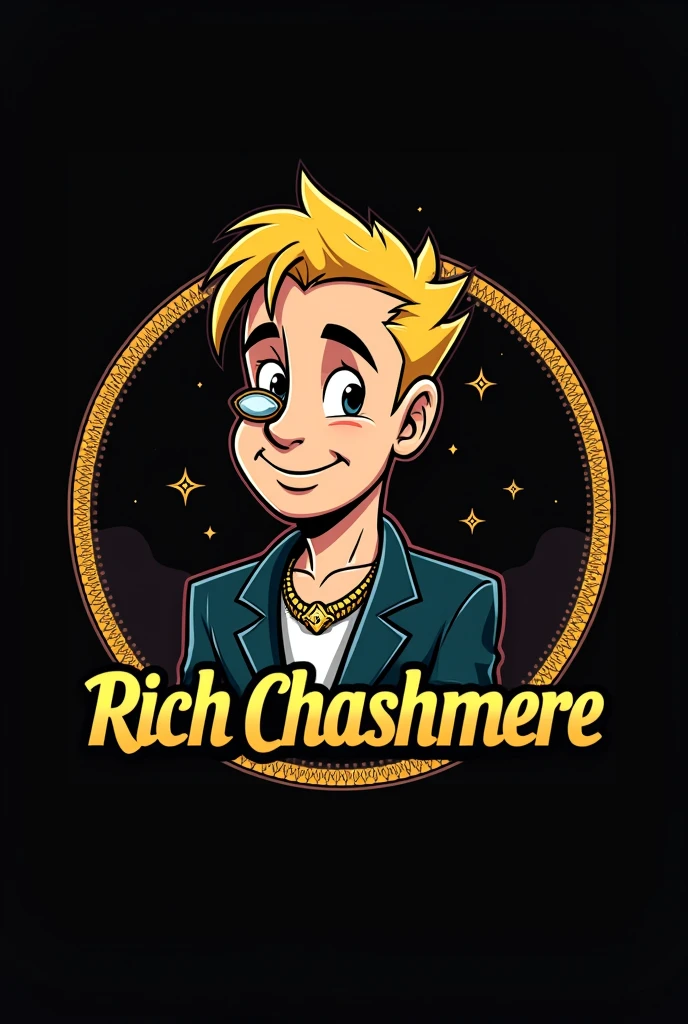 GENERATE A LOGO FOR AN URBAN T-SHIRT BRAND called RICH CHASHMERE that is themed after the RICHIE RICH cartoon and features predominantly BLACK and is ROUND in shape.
