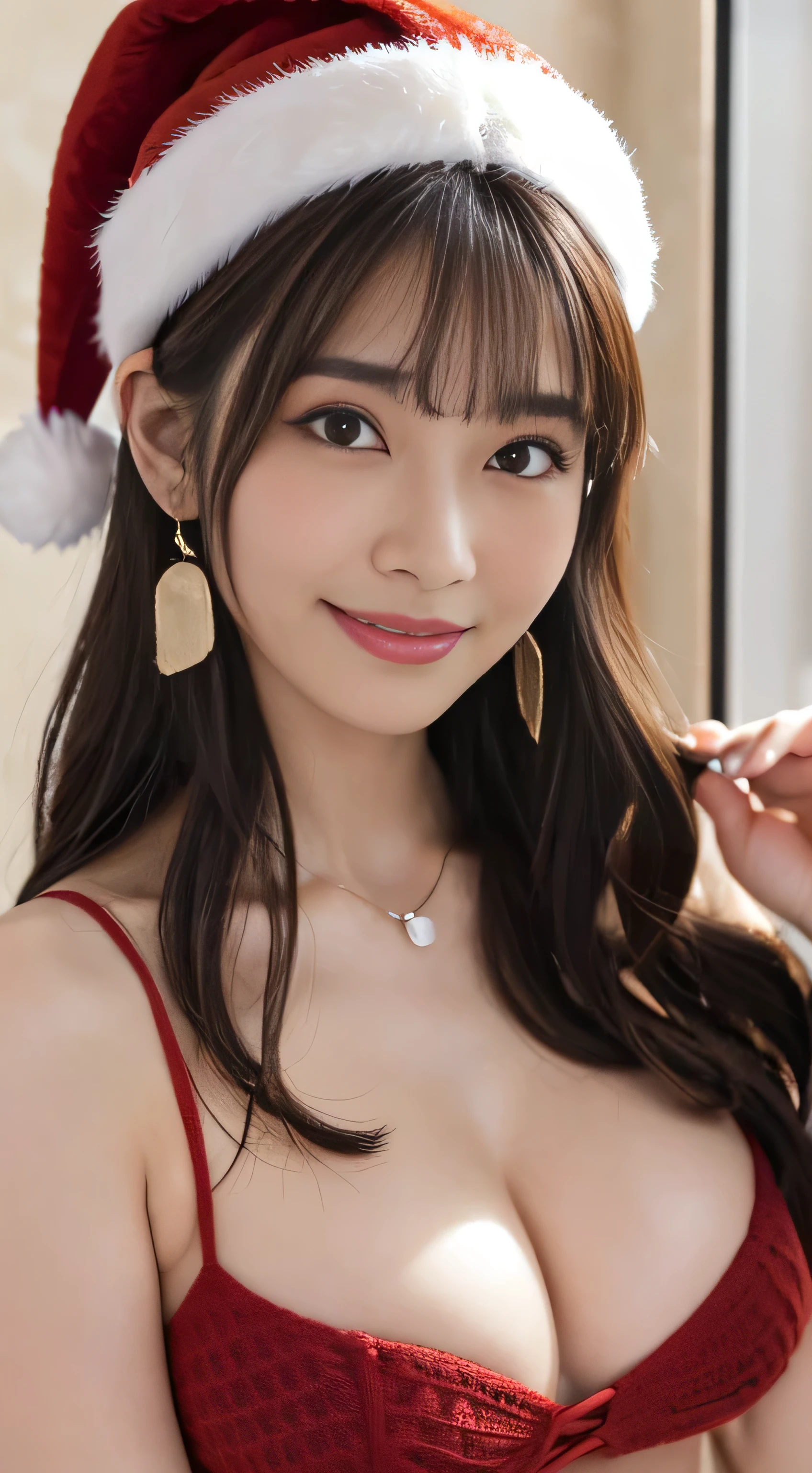 ((Tabletop, Highest quality, High resolution, , Pixel perfect, 4K, ))), 1 person, single, alone, Beautiful woman、(An angle where you can see the whole body)、 ((Mid-wave hair, bangs, Brown Hair)), ((Brown eyes, Beautiful eyelashes, Realistic eyes)), ((Detailed face, blush:1.2)), ((Smooth texture:0.75, Realistic texture:0.65, Realistic:1.1, Anime CG style)), Big Breasts、Soft Breasts、Dynamic Angle, Perfect body, ((Santa Claus Costume)(、Nipples are slightly visible、No bra)、Knitted hat、Red sweater、red flared skirt)、Black garter stockings、Earrings、necklace、Luxury hotel room、、Red and black panties、Accentuate your breasts、Stick your butt out、Very embarrassing panic smile、、Upward glance、