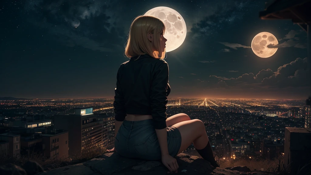 arafed blond girl in miniskirt stay on top of a hill and looks at the lights of a city and a big moon rises in the background. cinematic style, moonlight, night,