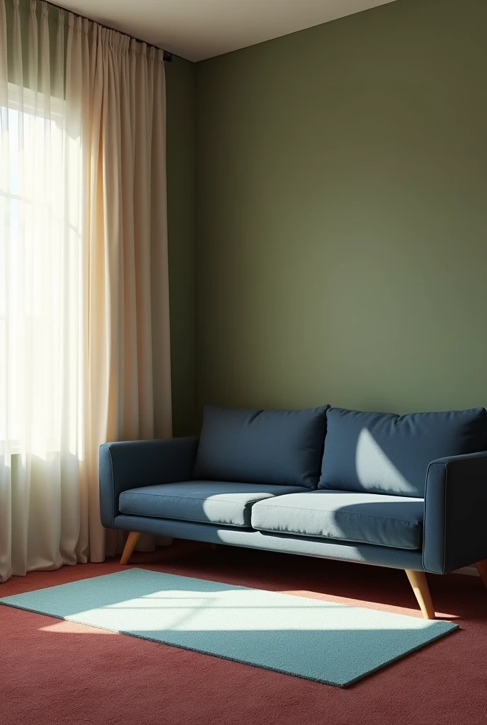 Create image with plain wall with olive green colour showing two wall.white colour curtain on the window.dark blue colour couch on the corner placing on both wall. Maroon colour carpet on the floor. Light blue colour rectangular rug on the floor.