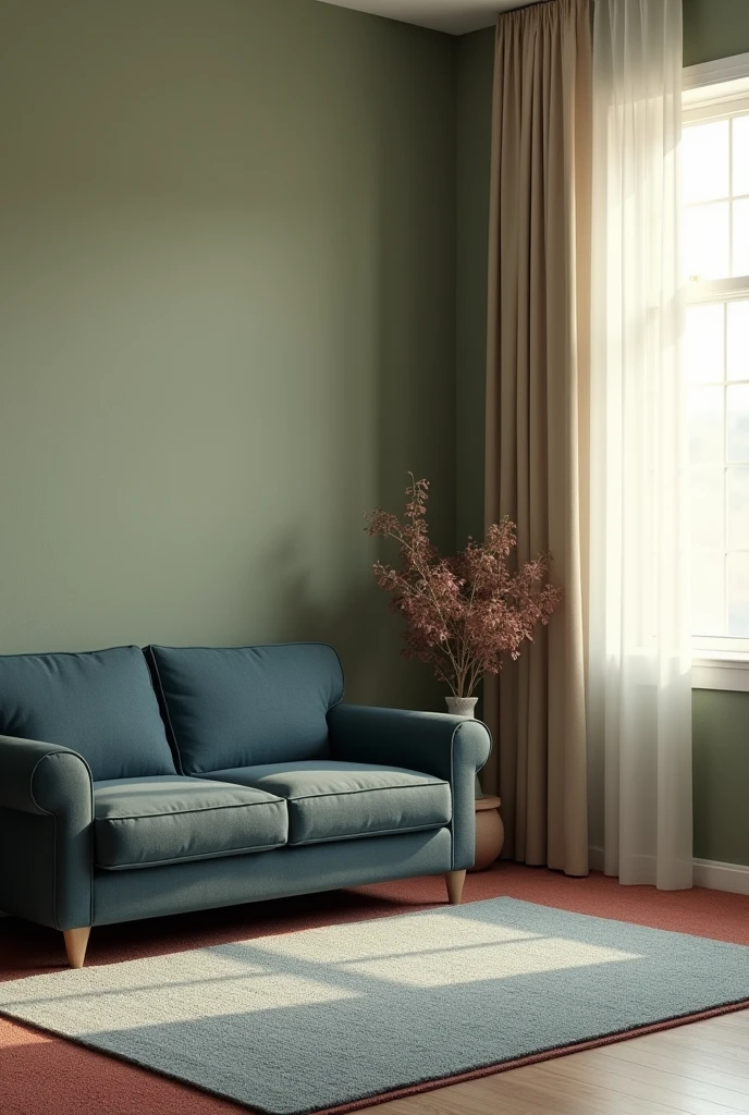 Create image with  plain wall with olive green colour showing two wall.white colour curtain on the window.dark blue colour couch on the corner placing on both wall. Maroon colour carpet on the floor. Light blue colour rectangular rug on the floor.