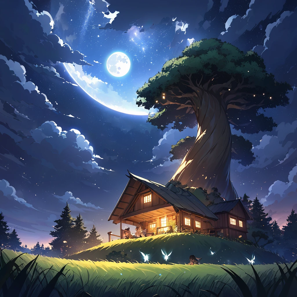 Huge clouds covering the sky and reaching the ground, a moon behind the clouds reflecting its light, a starry sky, a wooden house with external lights reflecting their light on the house’s surroundings, tall grass shining from the moonlight, glowing insects, a giant mythical tree with a trunk twisted around itself,