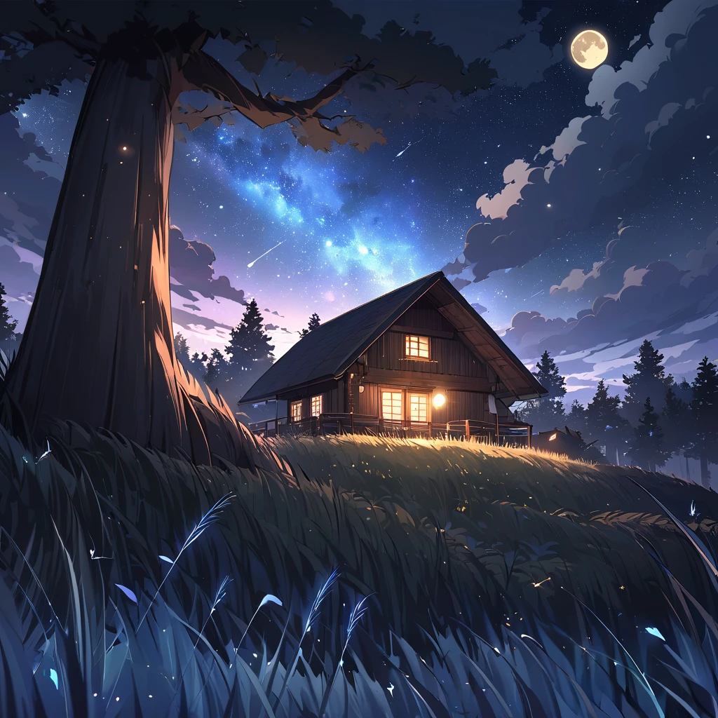 Huge clouds covering the sky and reaching the ground, a moon behind the clouds reflecting its light, a starry sky, a wooden house with external lights reflecting their light on the house’s surroundings, tall grass shining from the moonlight, glowing insects, a giant mythical tree with a trunk twisted around itself,