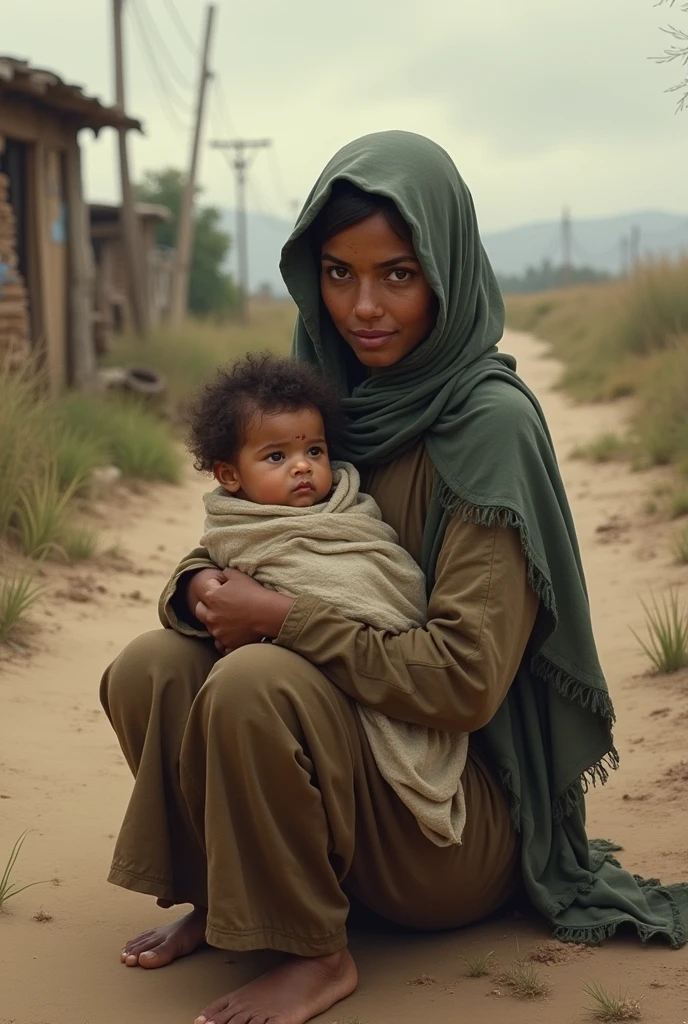 Poor loving mother with her baby on road