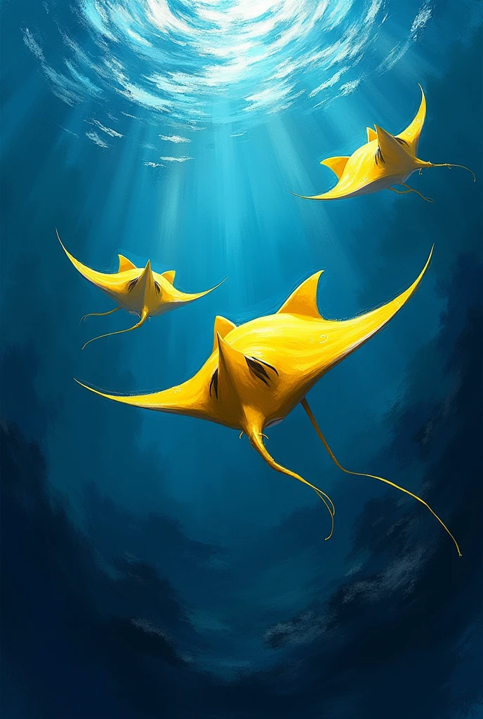 Give me an image with drawings of yellow electric rays and an aggressive blue background
