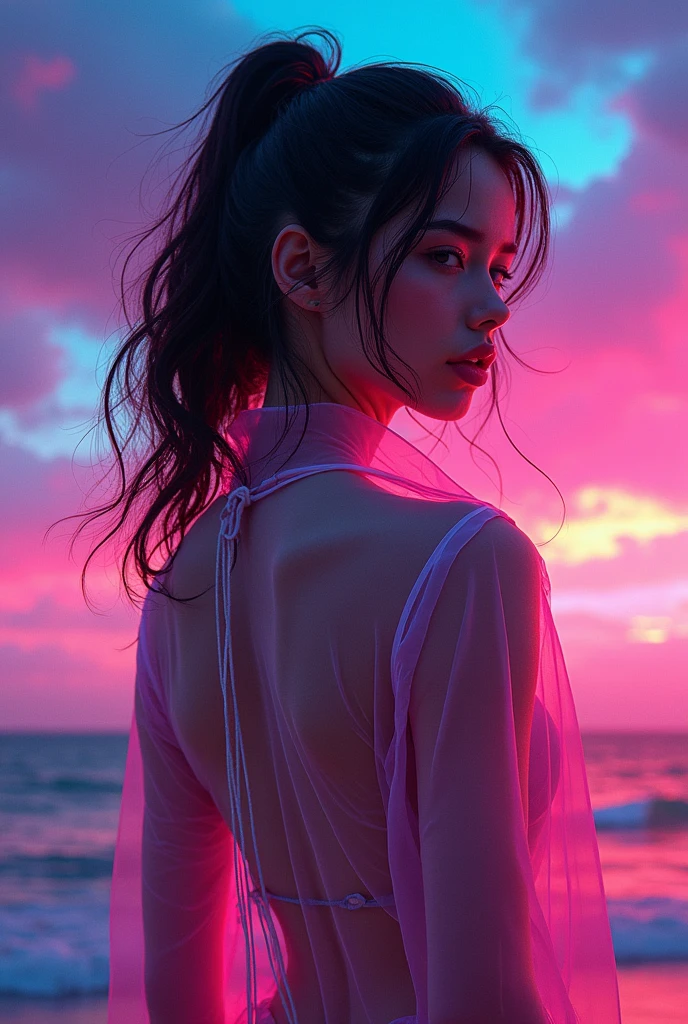 1girl, colorful theme, synthwave sky,(best quality, high quality, high resolution), realistic, ultra-detailed, highly detailed face features, absurdres, realistic lighting and reflections, highly detailed face features, see through shirt, best photo,high quality illustration