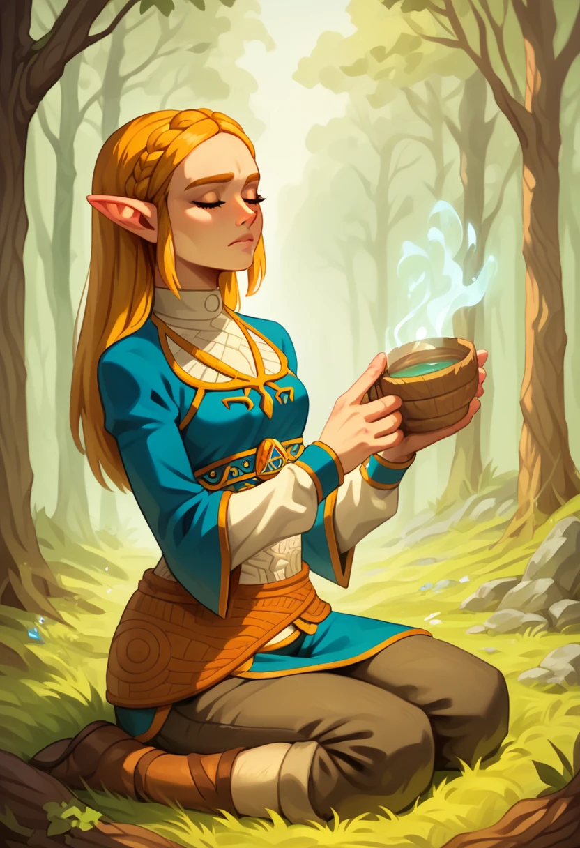 score_9, score_8_up, score_7_up, score_6_up, score_5_up, score_4_up BREAK digital art, cinematic composition, portrait, full body, 1girl, Zelda, Zelda BoTW, solo, playing ocarina, holding ocarina near face, sitting on the ground, long blond hair, blue eyes, detailed eyelashes, extremely detailed face, elfic ears, atlhetic body, eyes closed, calm face, vibing, woods, forest, Hyrule, sunny, daylight, ancient buildings far away, vivid colors, masterpice, best quality