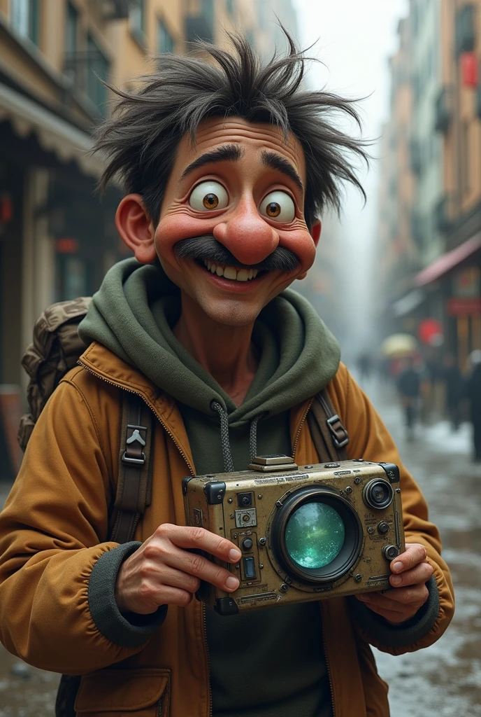 homeless man with messy short hair,fat nose, round eye, poorly made device and mustache and smiling