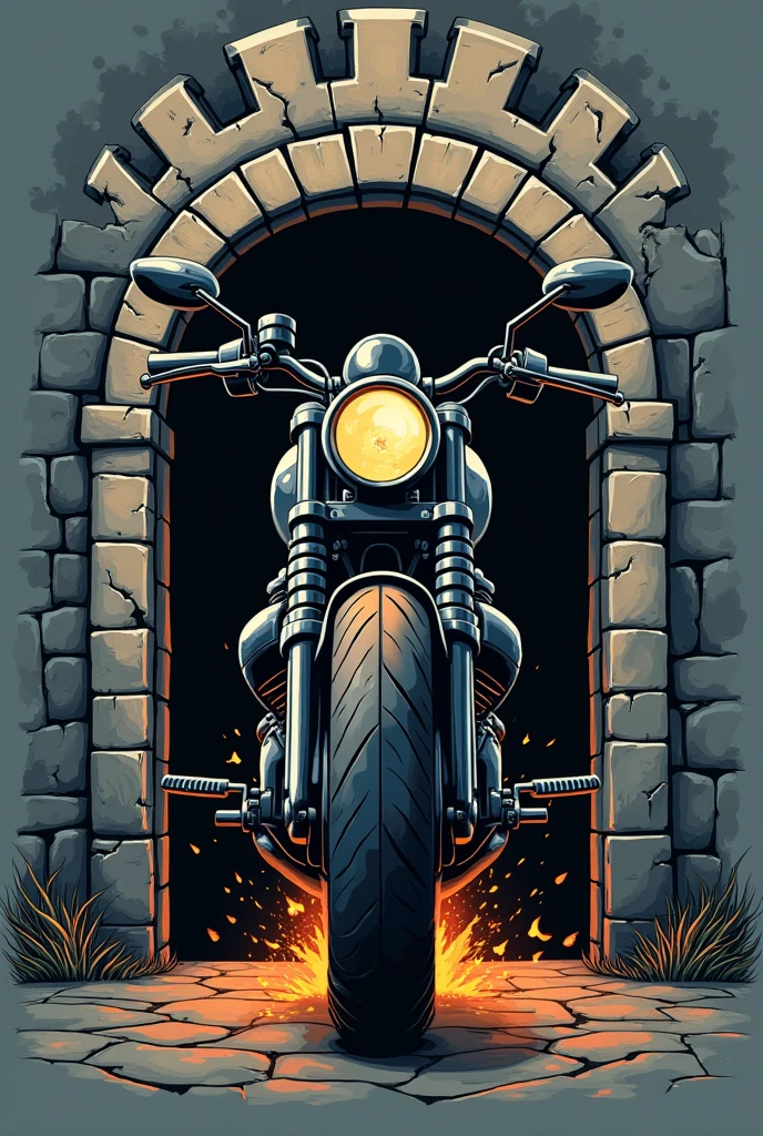 Logo for a motorcycle repair shop, with a motorcycle coming out of the door of a castle. With the name "Taller Warrior"