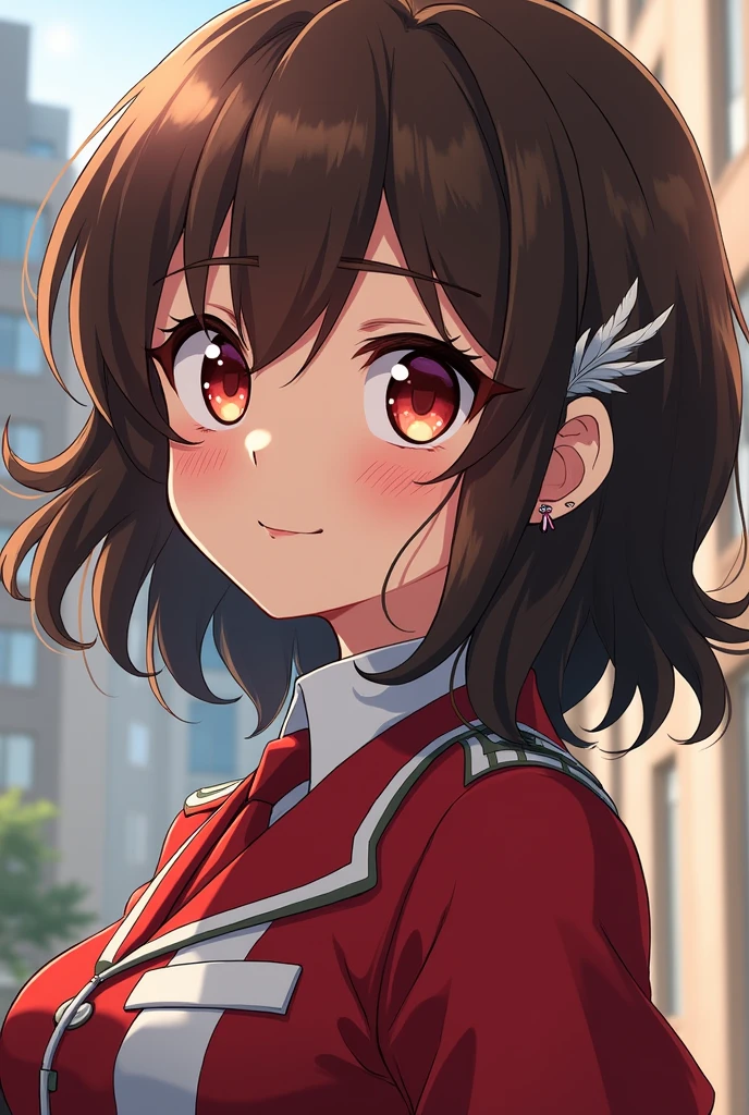 My hiro academia
Chica alta, somewhat cheeky, Red eyes, Brown hair, beige colored lenses, fringe, thick lips, parts, mole below the mouth, feather earring, AU uniform, 
