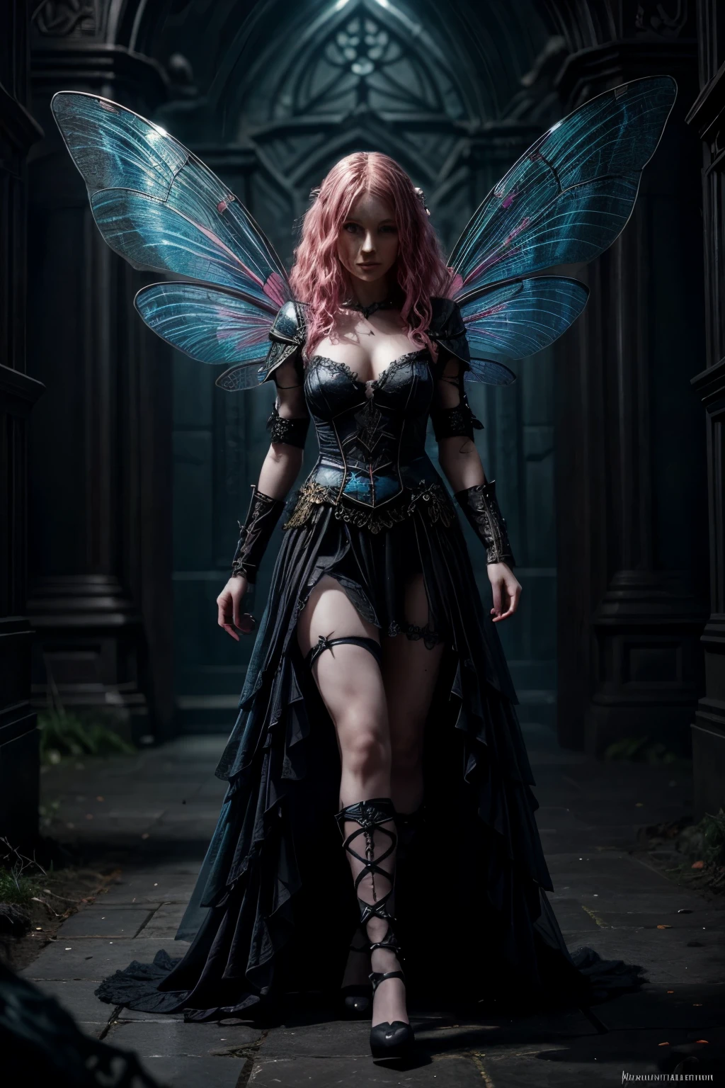 A fairy with curly pink hair, pale skin tone, blue eyes, In a black dress, dark fantasy character design, Epic exquisite character art, dark fantasy art, with the appearance of Freya Allan, dark fairy full view, amazing character of art. Dragonfly wings,