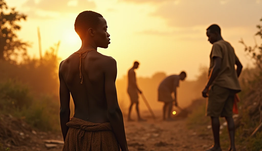 Scene Context : Assane observes the misery and poverty that gnaw at the inhabitants of his village.
Image Prompt : Black villagers, In rags, laboring painfully under the sun, with a young black man sadly observing them