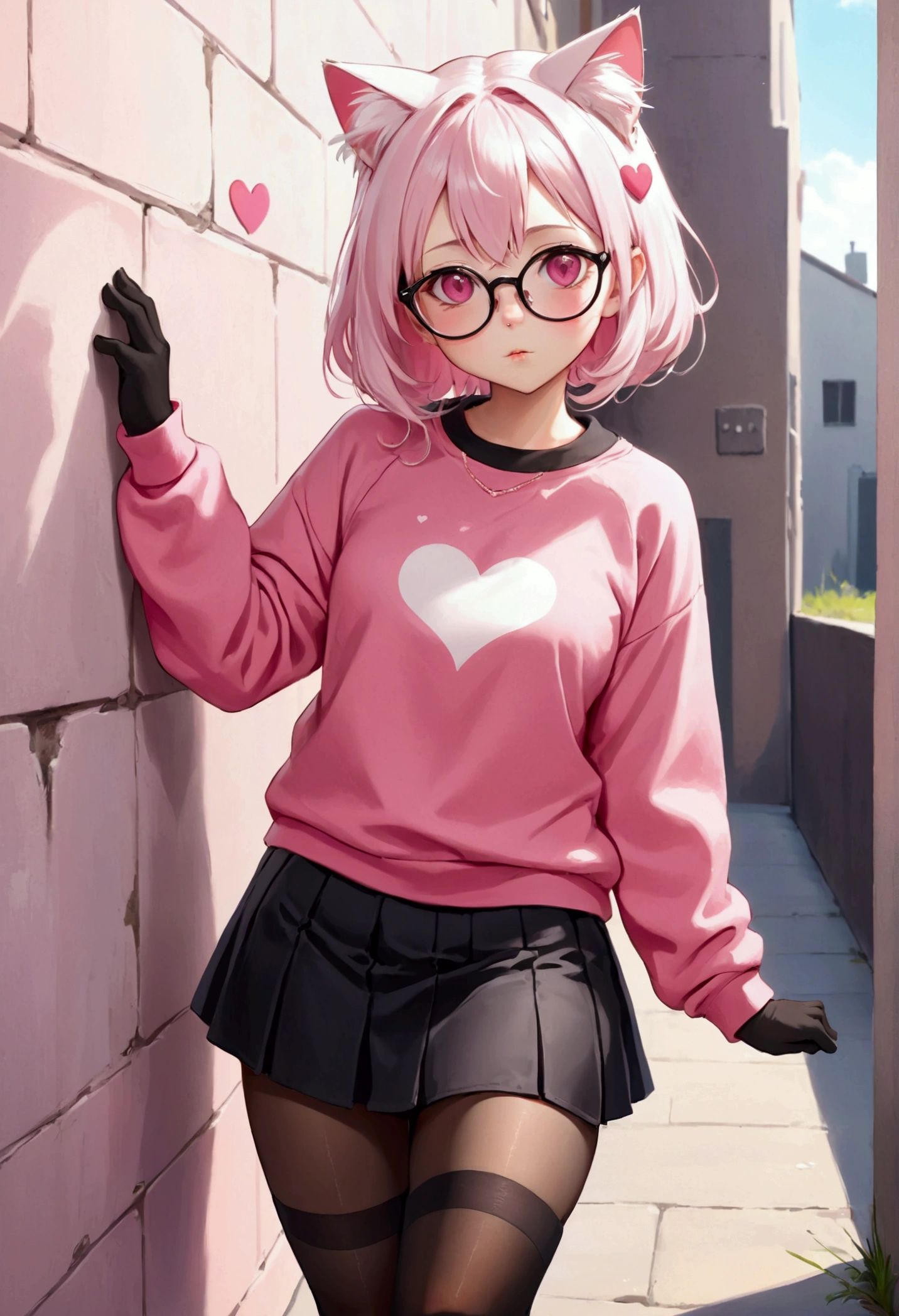 I have white pink hair, cat ears, A good, My face is super flushed, black glasses, pink heart eyes, a big pink sweatshirt, a black skirt, black stockings, White shoes, A cat&#39;cola, A woman. very shy that is stuck to a wall with her butt