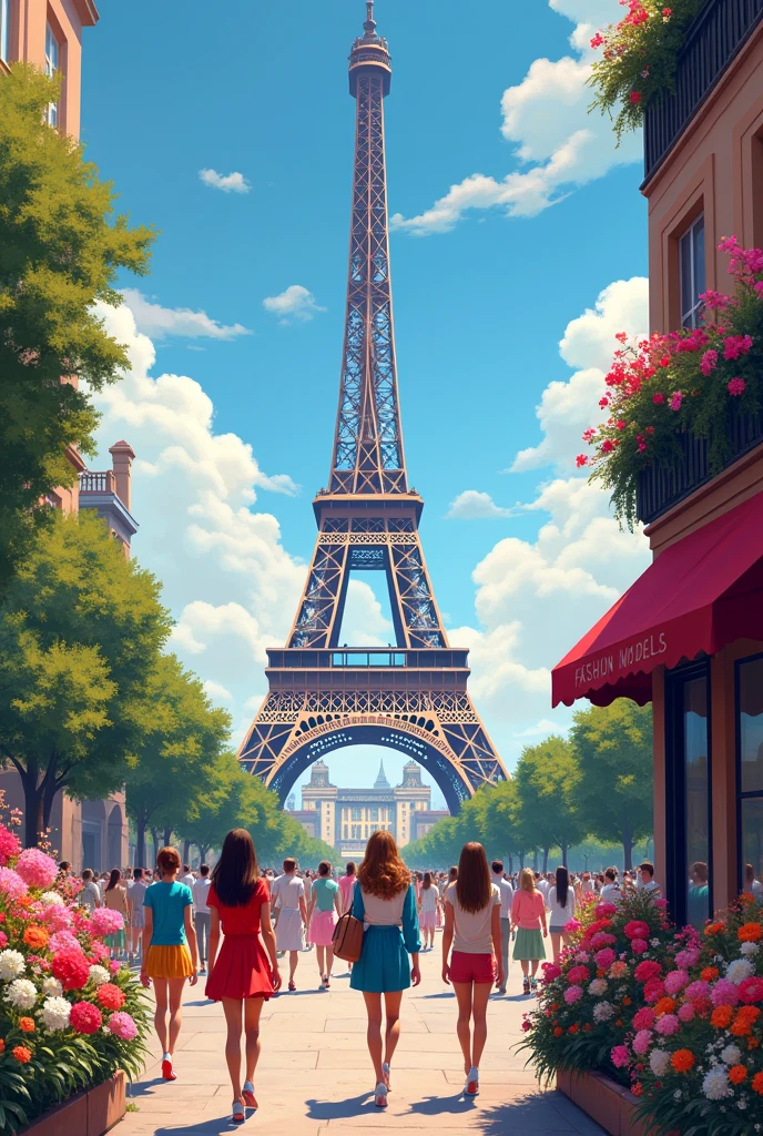 Eiffel Tower in the center of Paris, an ad on the right side that says "Fashion Models" Surrounded by colorful flowers. To the center of the image that says "At the end of everything, I would go for you"