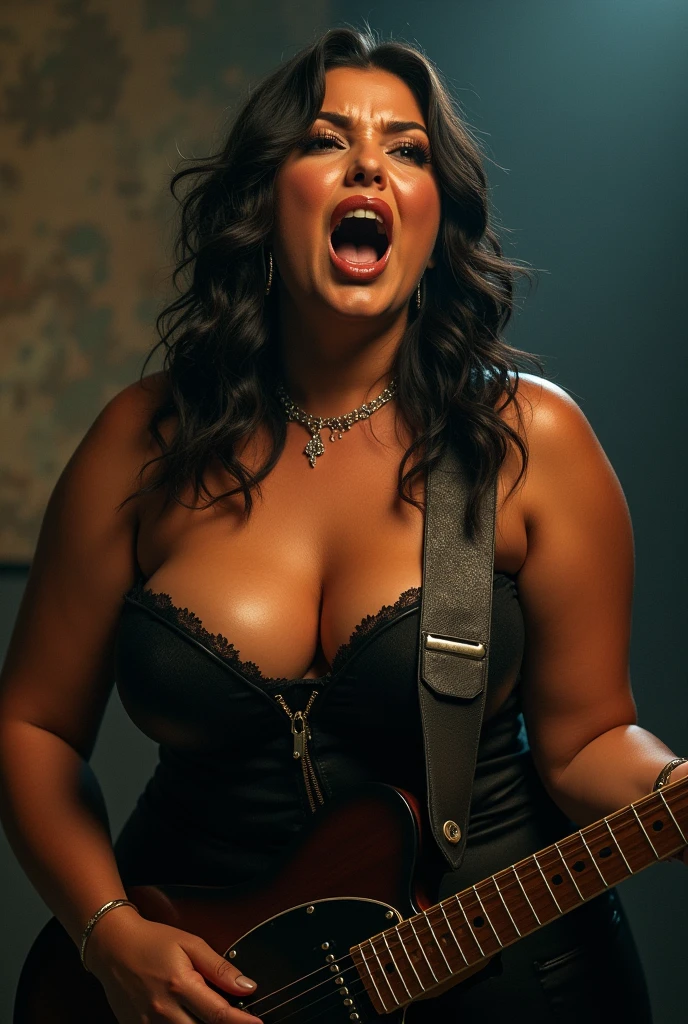 Lucy Pinder, scared, yelling, voluptuous, neckline, ((Very intense makeup)), Adela, sexy, to play the guitar
sweaty