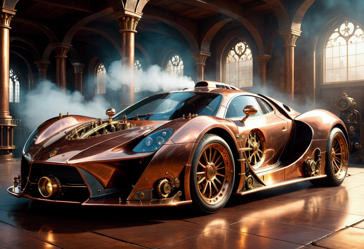 1 highly detailed steampunk supercar, on medieval racetracks, intricate gears and machinery, copper and brass accents, glowing steam vents, gleaming polished surfaces, dramatic lighting, cinematic camera angle, photorealistic, 8k, ultra-detailed, masterpiece