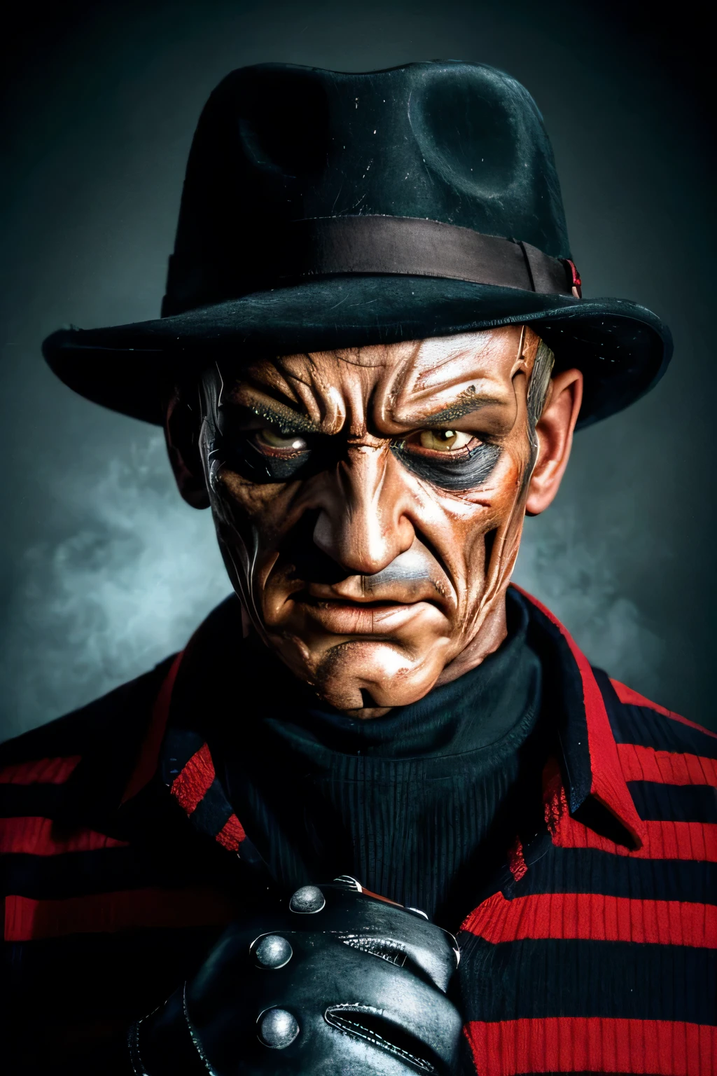 hyper-realistic portrait of Freddy Krueger with his scarred, burned face and menacing glare. Emphasize his iconic fedora, striped sweater, and bladed glove, capturing the gruesome texture of his skin. The background should be dark and eerie, enhancing his terrifying presence