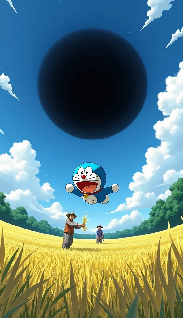 Doraemon falls from the black hole in the sky to the rice field below. Scenery There is a black hole in the sky. Scenery below has farmers harvesting rice. Doraemon is scared. 