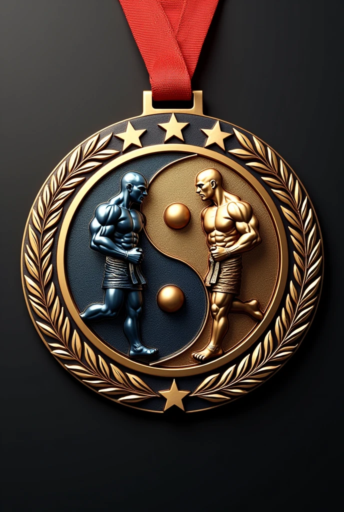 A round medal for a martial arts tournament where on one side it has three stars at the top and bottom, two laurel wreaths on the sides and in the center a yin yang with two fighters alluding to the white and black point of the yin yang.