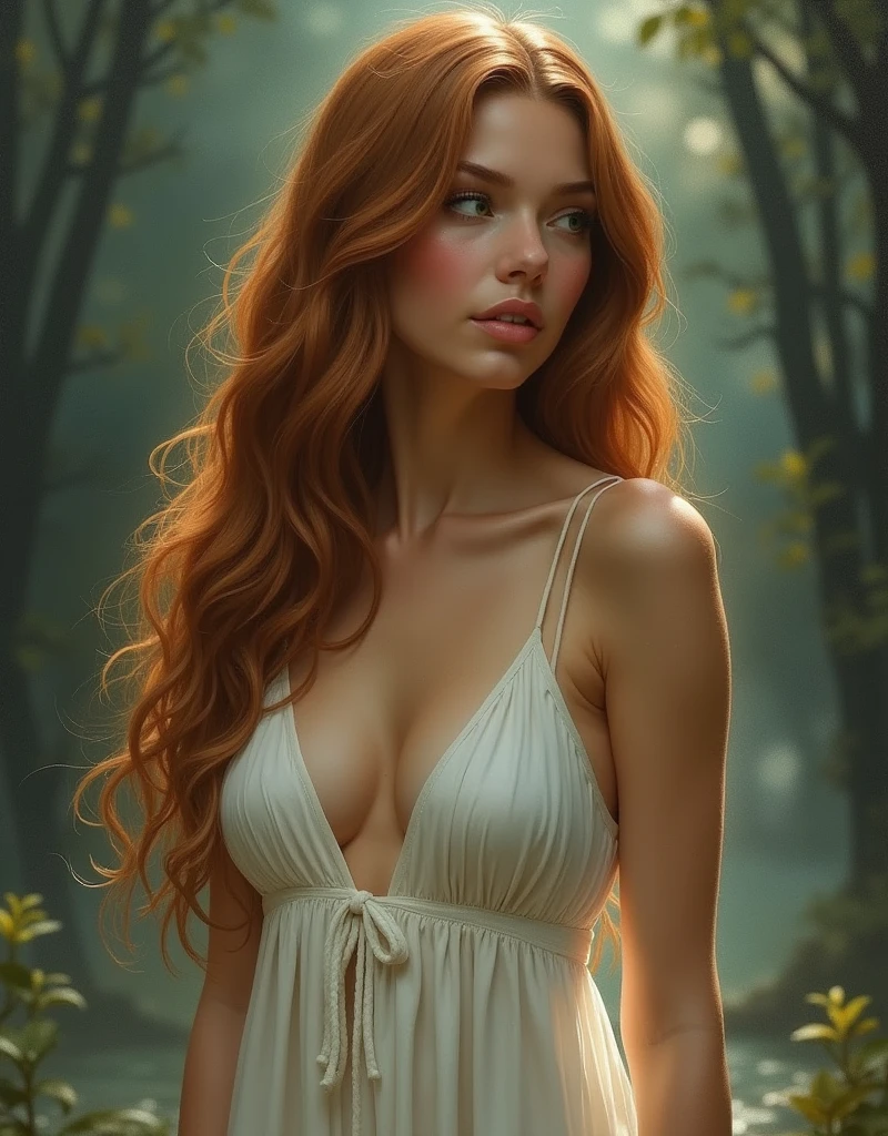 hazy dnd rpg style full body high detail fantasy portrait oil painting illustration of a mysterious quiet powerful rude young beautiful mean looking away quiet mystery beautiful exotic golden brown skinned woman face, in a beautiful night scenic background, big almond green eyes, straight extremely curly 3c curly reddish blond hair, acotar fae , high quality, sombre mood, muted colours, entire person visible! , dainty face dreamy ethereal silk bohemian white dress sexy big breasts mysterious long straight hair dreamy ethereal dark