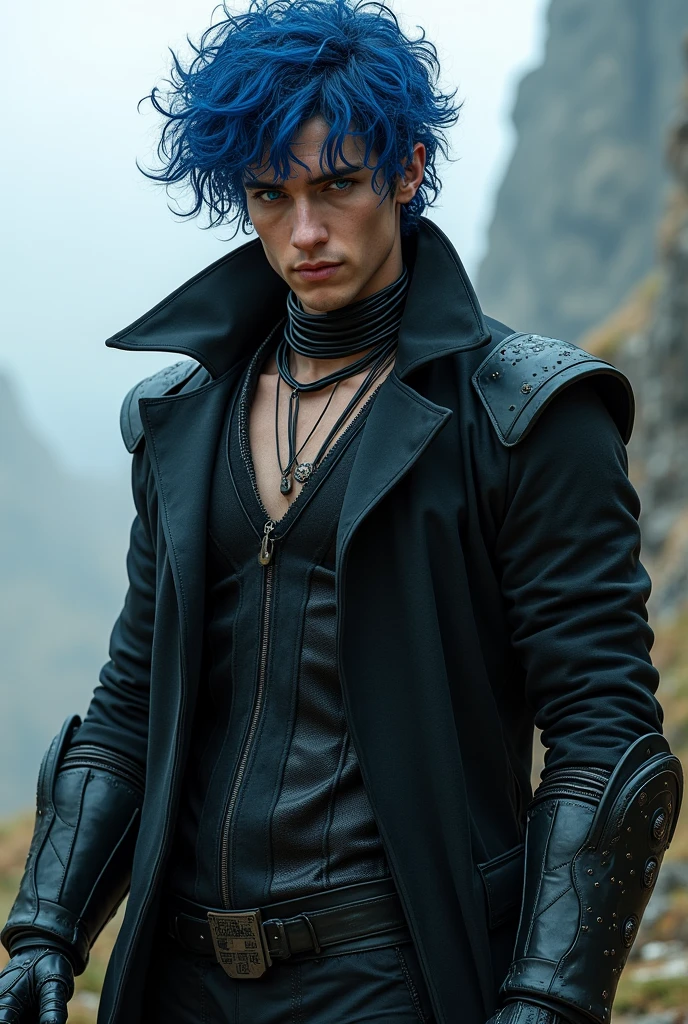 un homme cyborg beau de visage ses cheveux bleue, tout aussi bouclés et indisciplinés, tombent en cascade sur son front, accentuant le mystère de son regard sombres et rebelles qui encadrent un visage aux traits acérés. Ses yeux bleue, d'une intensité pénétrante, semblent scruter un horizon invisible, porteurs d'une détermination farouche. Son corps athlétique laissant paraitre des cablages et circuits integrés cybernetique sur sa poitrine se devine sous un long manteau noir texturé, évoquant l'armure d'un guerrier des temps modernes. , Son torse musclé est moulé dans un gilet sans manches côtelé, révélant des bras puissants ornés de gants en cuir complexes.