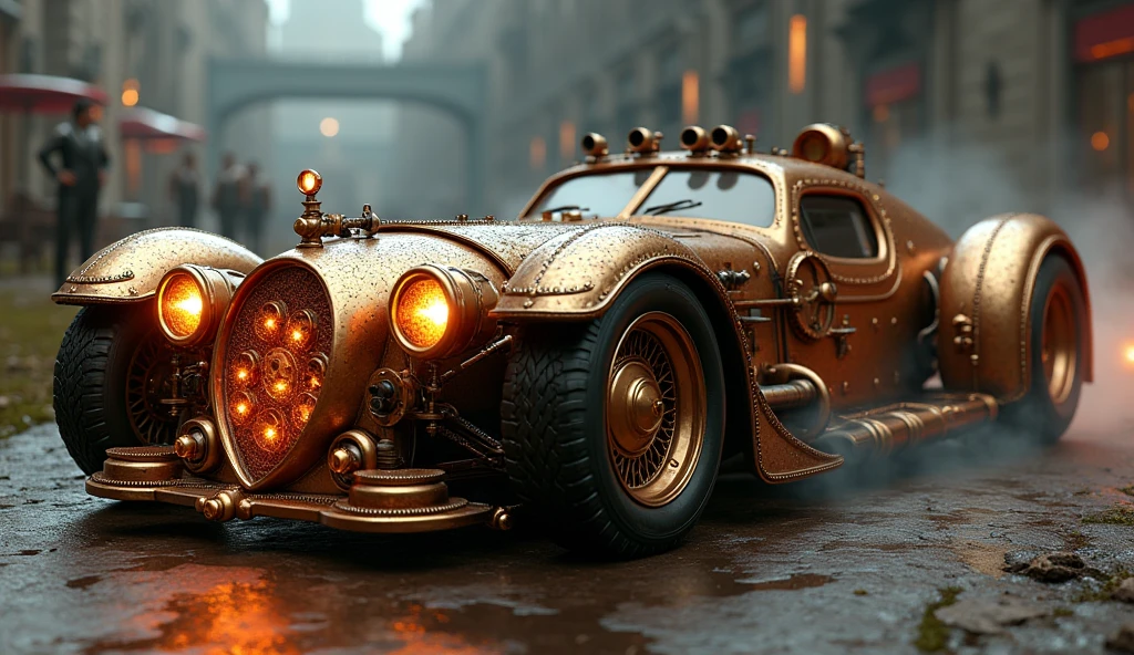 1 highly detailed steampunk supercar, on medieval racetracks, intricate gears and machinery, copper and brass accents, glowing steam vents, gleaming polished surfaces, dramatic lighting, cinematic camera angle, photorealistic, 8k, ultra-detailed, masterpiece