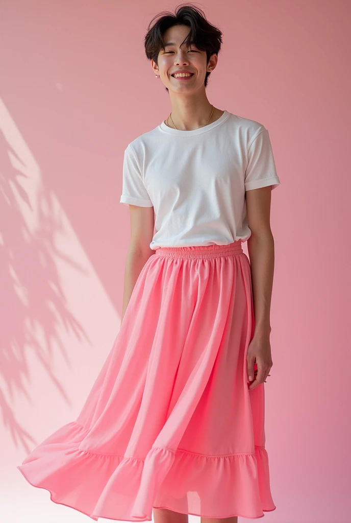 BTS's Jung Hoseok wearing a pink skirt, smiling and kind