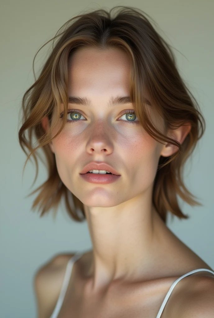 White male model with very, very pale skin, with medium-length light brown hair, and dark green eyes
