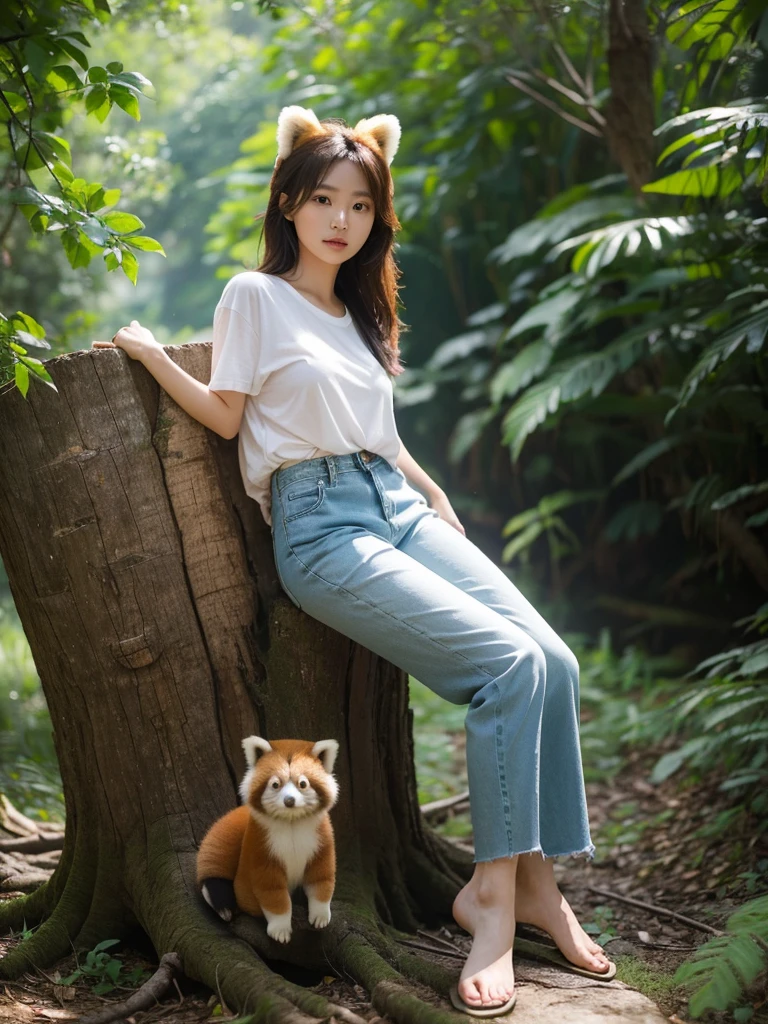 A stunning cinematic photo capturing a naturally beautiful Korean woman in a 3/4 angle full body view. She is seated on a fallen tree trunk in a serene green hill environment, surrounded by lush foliage and a distant mountain range. The woman is dressed casually in a t-shirt, cargo jacket, and long denim pants, with flip-flops on her feet. She is holding a captivatingly cute red panda, which adds a magical touch to the scene. The soft sunlight creates an ambient glow, and the image is captured in ultra-high definition with a DSLR camera, showcasing an impressive level of detail., cinematic, wildlife photography, photo, portrait photography