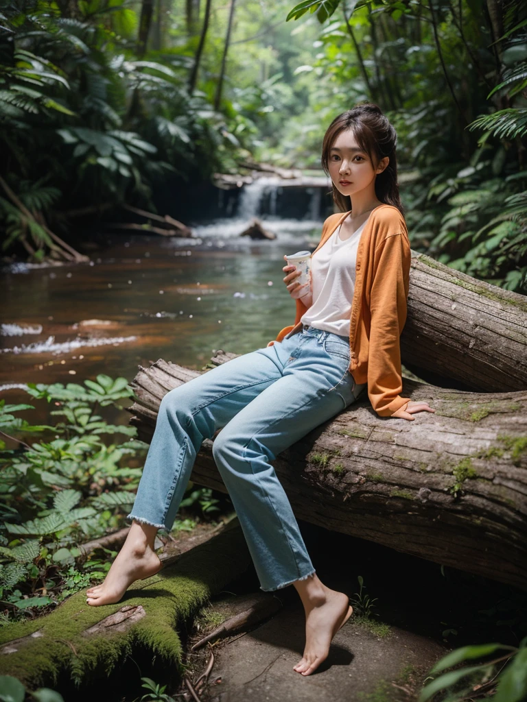 A stunning cinematic photo capturing a naturally beautiful Korean woman in a 3/4 angle full body view. She is seated on a fallen tree trunk in a serene green hill environment, surrounded by lush foliage and a distant mountain range. The woman is dressed casually in a t-shirt, cargo jacket, and long denim pants, with flip-flops on her feet. She is holding a captivatingly cute red panda, which adds a magical touch to the scene. The soft sunlight creates an ambient glow, and the image is captured in ultra-high definition with a DSLR camera, showcasing an impressive level of detail., cinematic, wildlife photography, photo, portrait photography