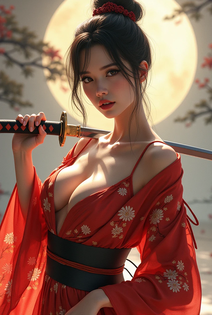 
beautiful japanese woman with big breasts in revealing kimono and katana