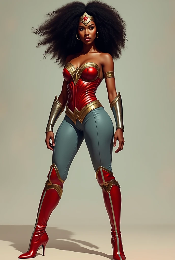 A beautiful woman with dark skin, black Afro hair, a round face, under the mantle of the Amazon warrior Wonder Woman, wearing a red corset costume and light blue leather pants with a star, long red knee-high boots, Diadema Wonder Woman on her forehead.