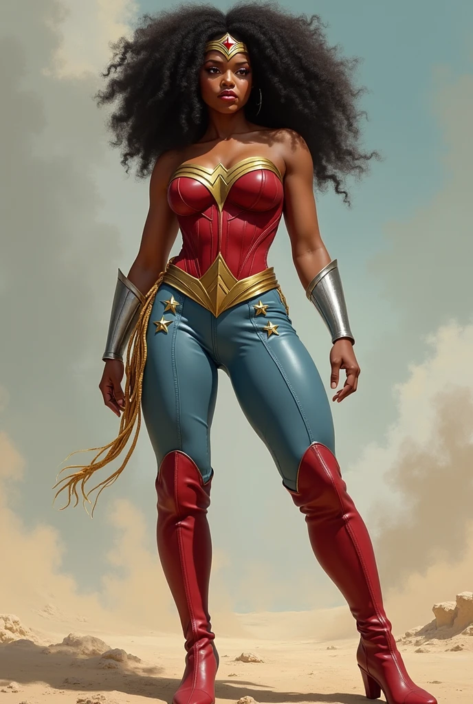 A beautiful woman with dark skin, black Afro hair, a round face, under the mantle of the Amazon warrior Wonder Woman, wearing a red corset costume and light blue leather pants with a star, long red knee-high boots, Diadema Wonder Woman on her forehead.