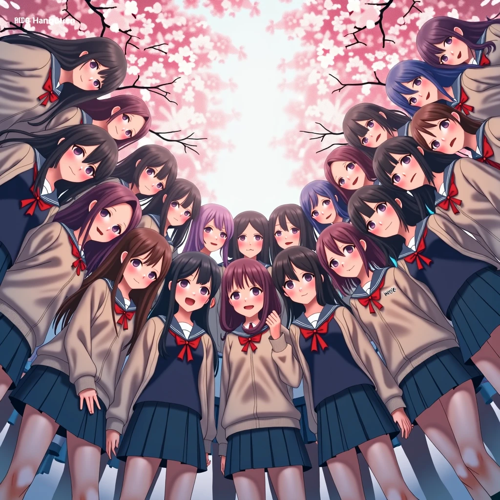 (Panoramic group photo of realistic schoolgirls SURROUNDING and looking down at the camera) . (highest quality, High resolution, masterpiece, realistic:1.2),(HDR, Bright colors), beautiful face, detailed facial features, pose for a photo, (close:1.3, seen from below), detailed expression, natural pose, CherryBlossoms background with fog, photon mapping