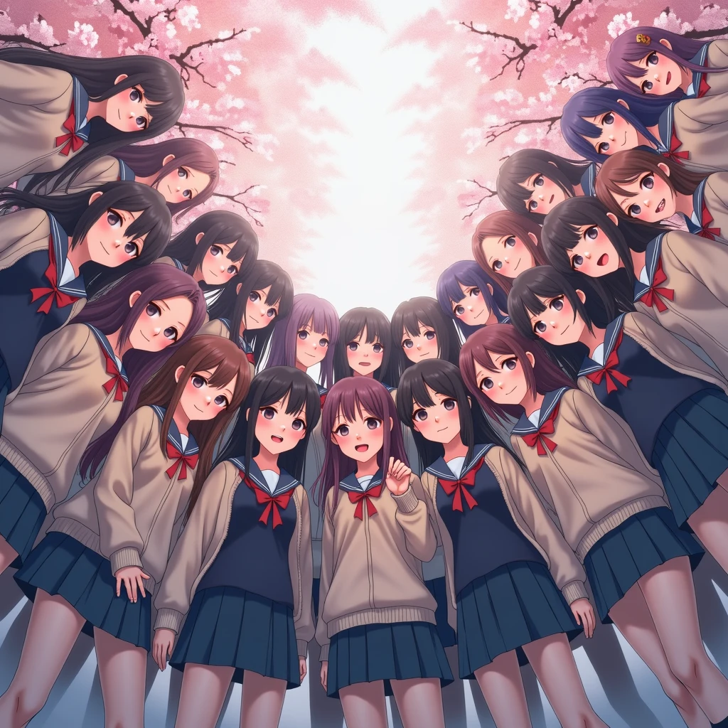 (Panoramic group photo of realistic schoolgirls SURROUNDING and looking down at the camera) . (highest quality, High resolution, masterpiece, realistic:1.2),(HDR, Bright colors), beautiful face, detailed facial features, pose for a photo, (close:1.3, seen from below), detailed expression, natural pose, CherryBlossoms background with fog, photon mapping