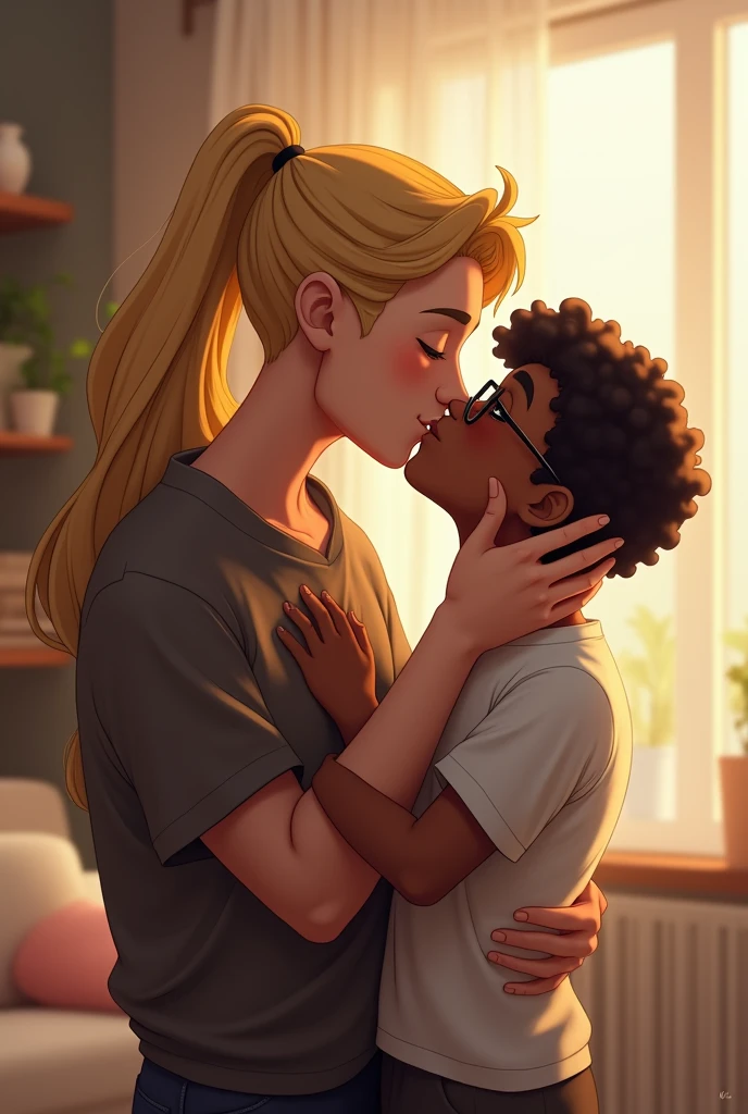 White man with long blonde hair kept in a ponytail kissing boy with brown skin, glasses, and black curly hair