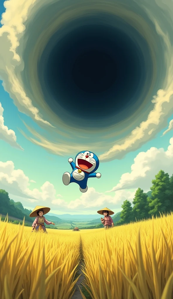Doraemon falls from the black hole in the sky to the rice field below. Scenery There is a black hole in the sky. Scenery below has farmers harvesting rice. Doraemon is scared.