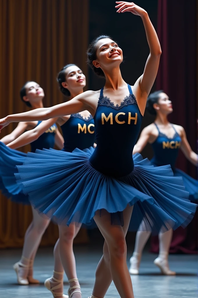 A ballet group wearing navy blue leotards and skirts, the leotards must say mch in a lively way.