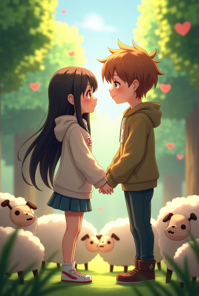 hermosa iluminación, couple touch hands, anime susume, girl hair black,
hoodie cinnamoroll style , boy hair brown , love, minecraft sheeps, minecraft entorno, minecraft cats